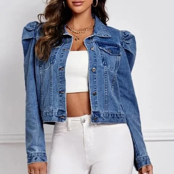 Medium Wash Distressed Puff Sleeve Button Denim Jean Jacket - Picture 4 of 5